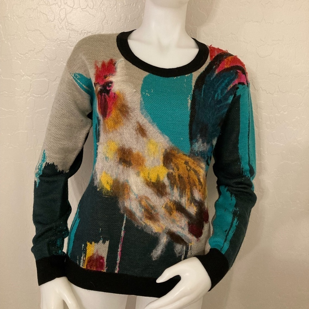 Anthropologie Womens Rooster Sweater Artwork Lauren C Walcott Small - Picture 2 of 15